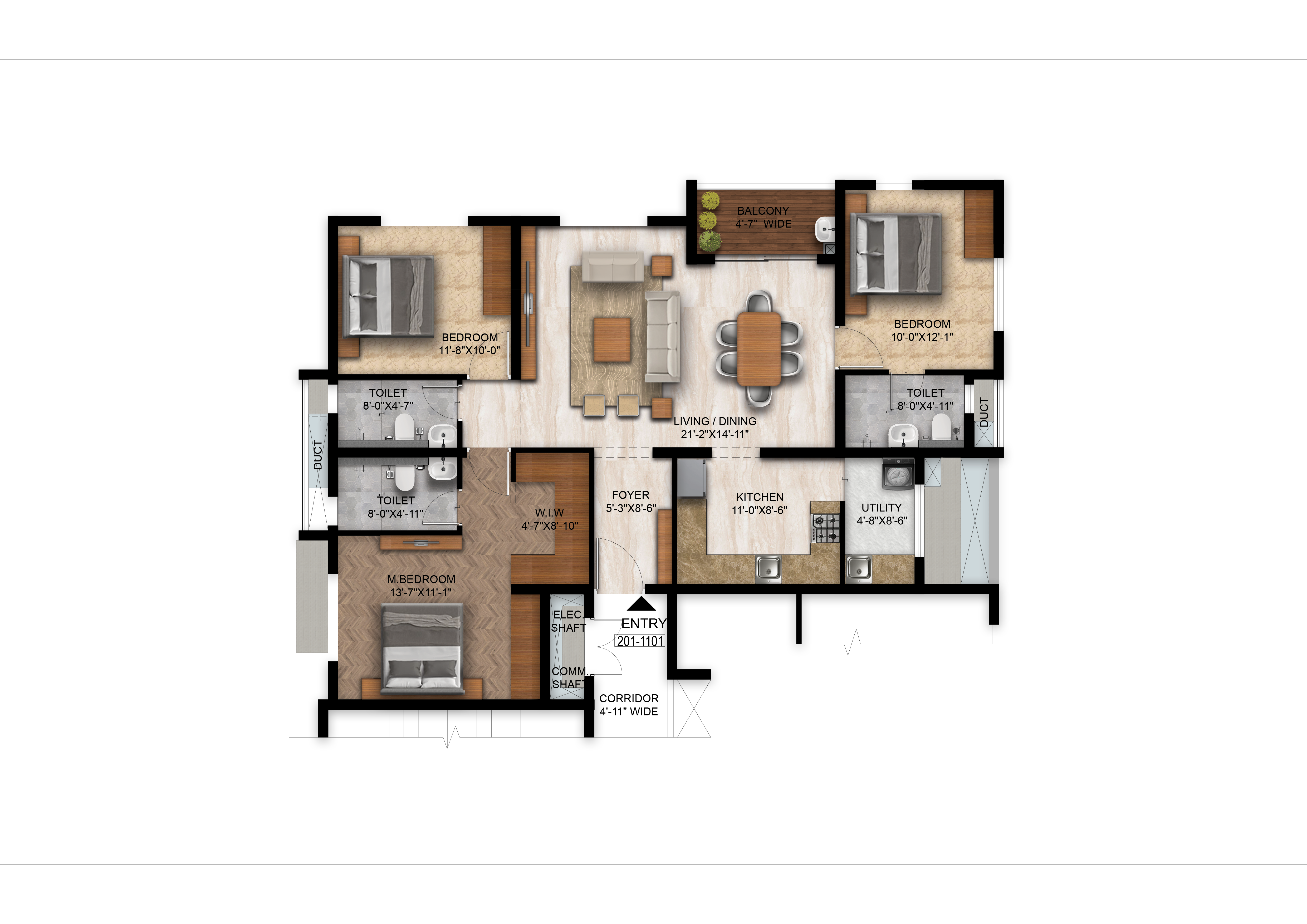 3 BHK Premium Residence Floor Plan Layout
